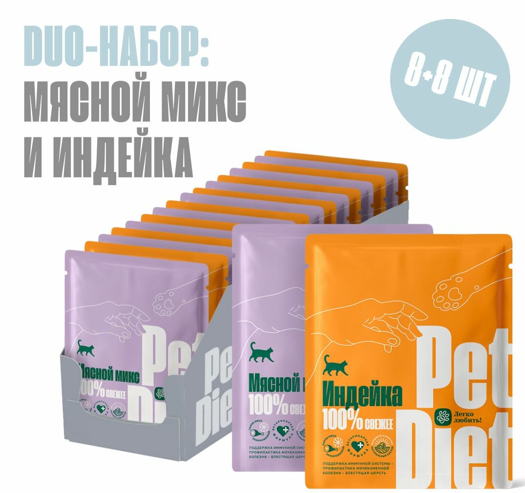 Дуо набор натурального корма из индейки и мясного микса Pet Diet, 16 пакетиков по 160 гр