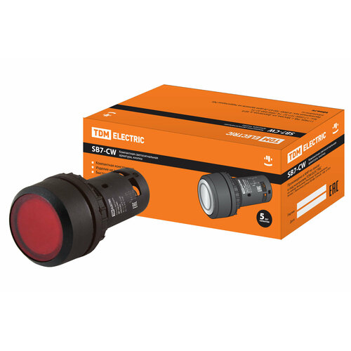 Кнопка SB7-CWL3465 с фиксацией, 1НО+1НЗ, d22 мм, 220 В LED, красная, IP54 TDM