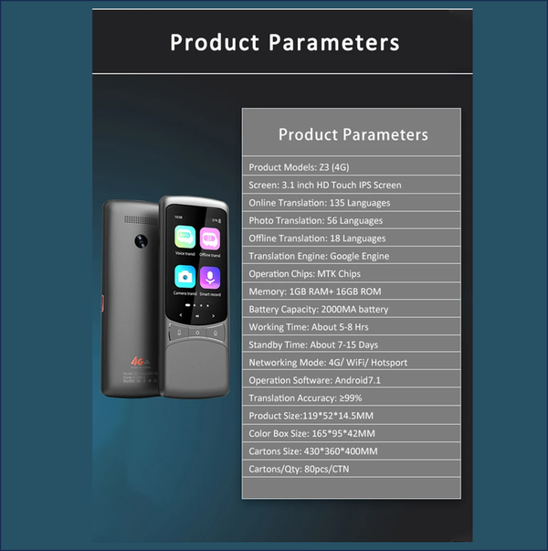 Карманный электронный переводчик 4G , онлайн -офлайн , голосовой переводчик текста TRANSLATOR Z3