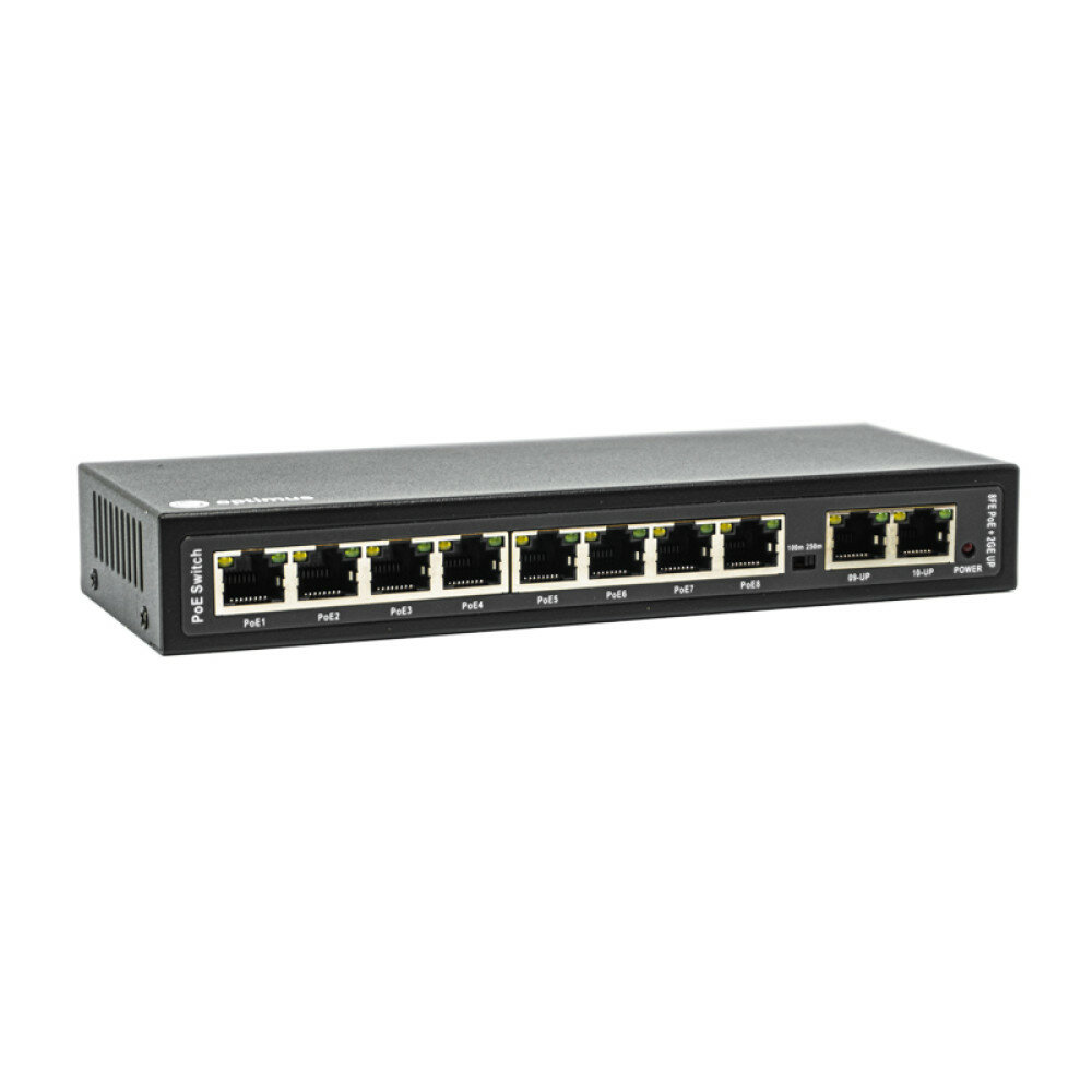 Коммутатор PoE Optimus U1E-8F/2G, 8 PoE портов 10/100 Мбит/с, 2 Uplink порта 1Гбит/с RJ-45, 120 Вт