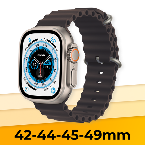 силиконовый ремешок ocean band на смарт часы apple watch 1 9 se ultra 42 44 45 49 мм сменный браслет для эпл вотч 1 9 се ультра желтый Силиконовый браслет Ocean Band на часы Apple Watch 1-9, SE, Ultra, 42-44-45-49 mm / Сменный ремешок для Эпл Вотч 1-9, СE, Ультра / Древесный уголь