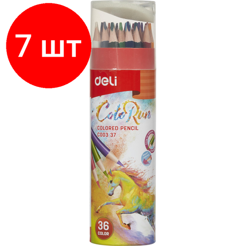 Комплект 7 наб, Карандаши цветные Deli EC00337 ColoRun 3-гран. 36цв/наб. точилка карт. тубус