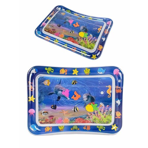 Развивающий водный коврик Дельфин для детей 60х50х8 см. Надувной коврик для малышей с рыбками, водяной Акваковрик для детей, Синий