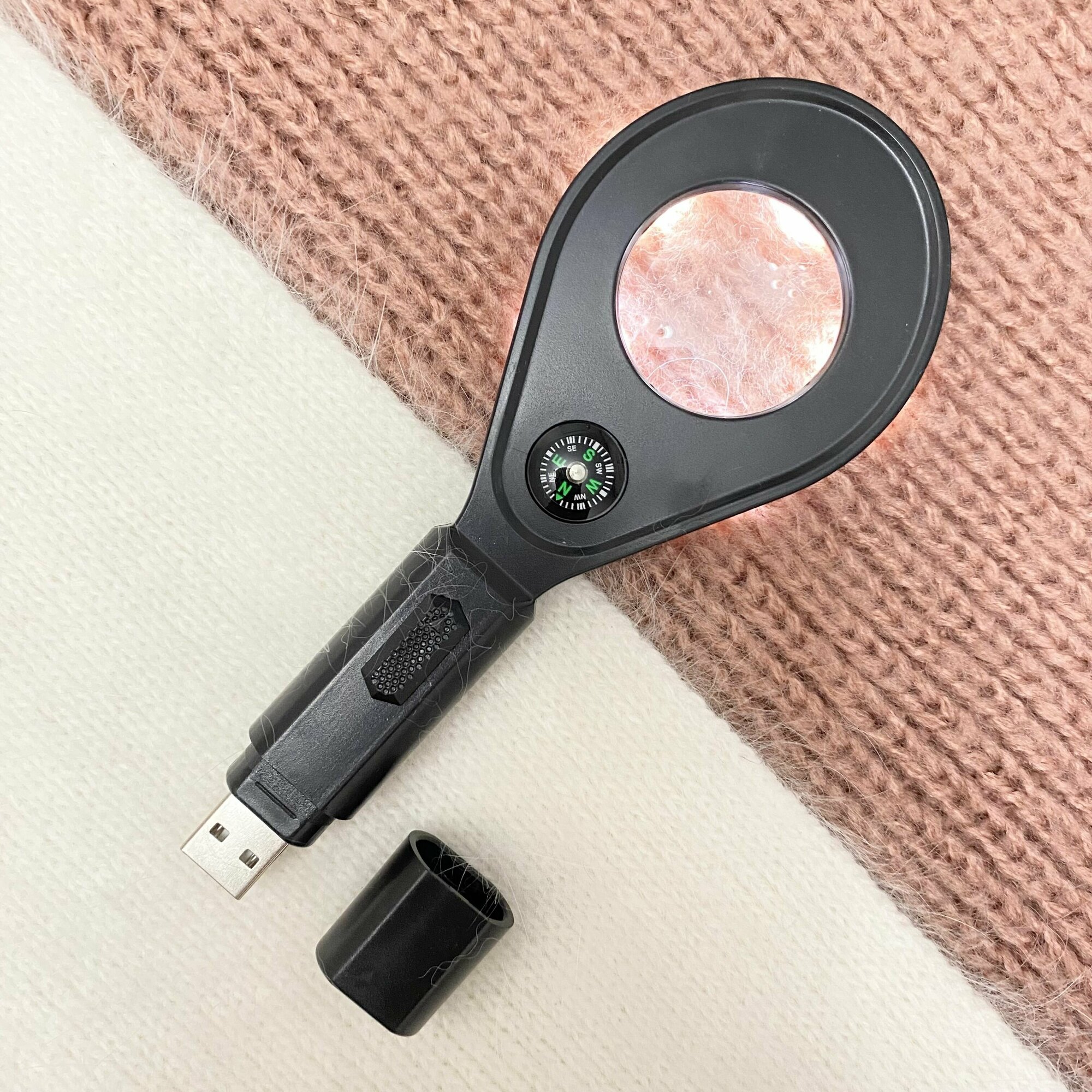 Лупа со светодидным фонариком и компасом  зарядка от USB  цвет серый