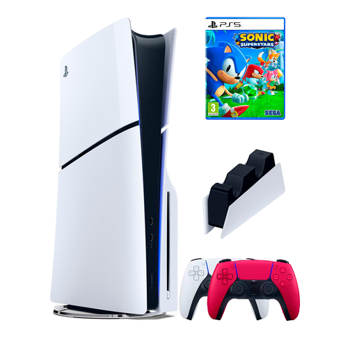 PS5 (ПС5) Игровая приставка Sony PlayStation 5 Slim disc + 2-й геймпад(красный) + зарядное + игра SonicSS