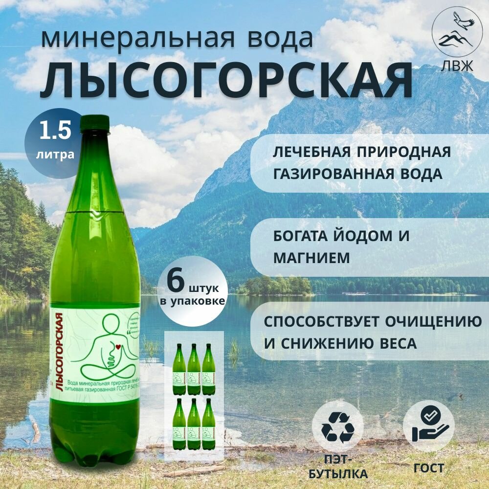 Минеральная вода Лысогорская газированная лечебная с магнием, для похудения 1.5л*6шт.