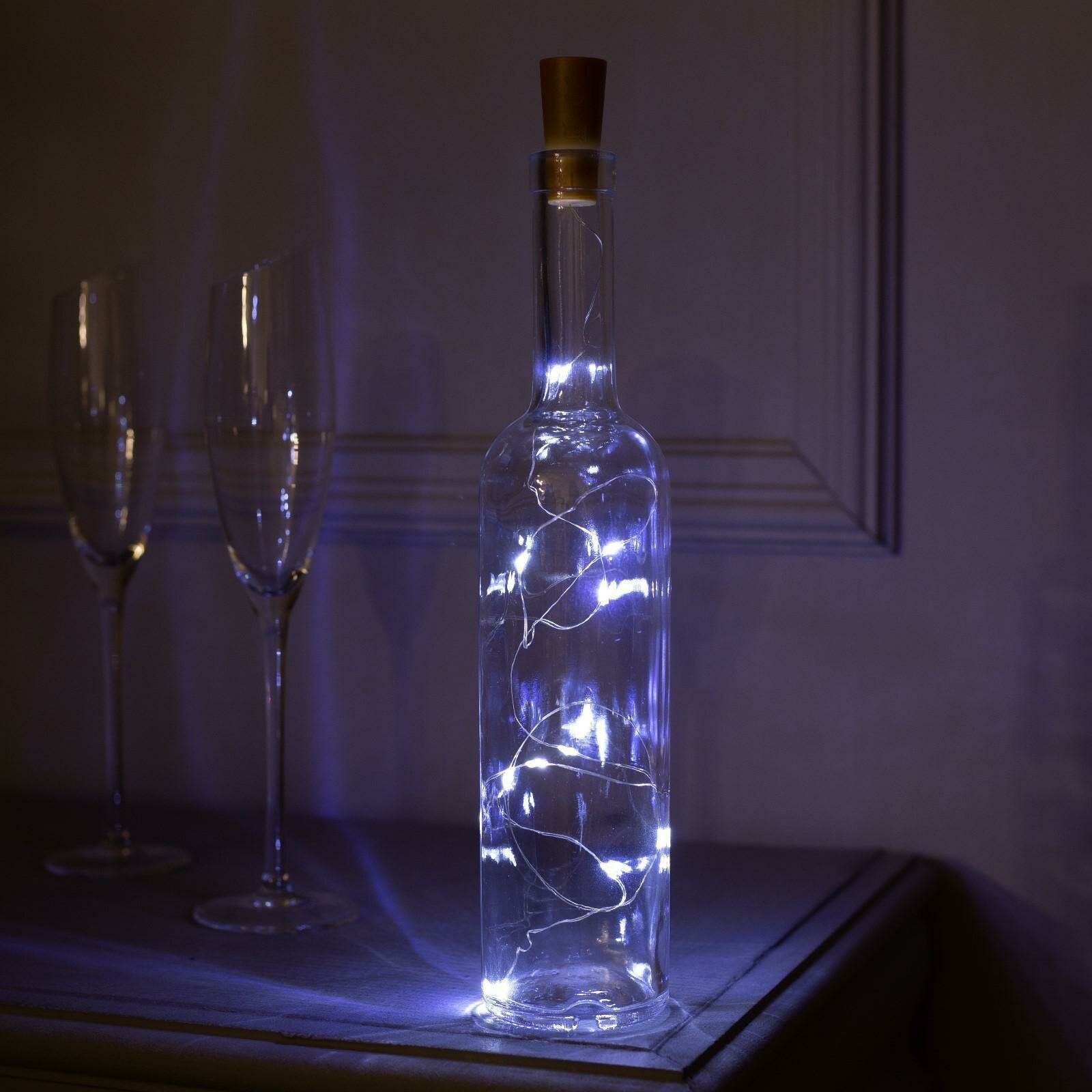 Бутылка декоративная с гирляндой, белое свечение