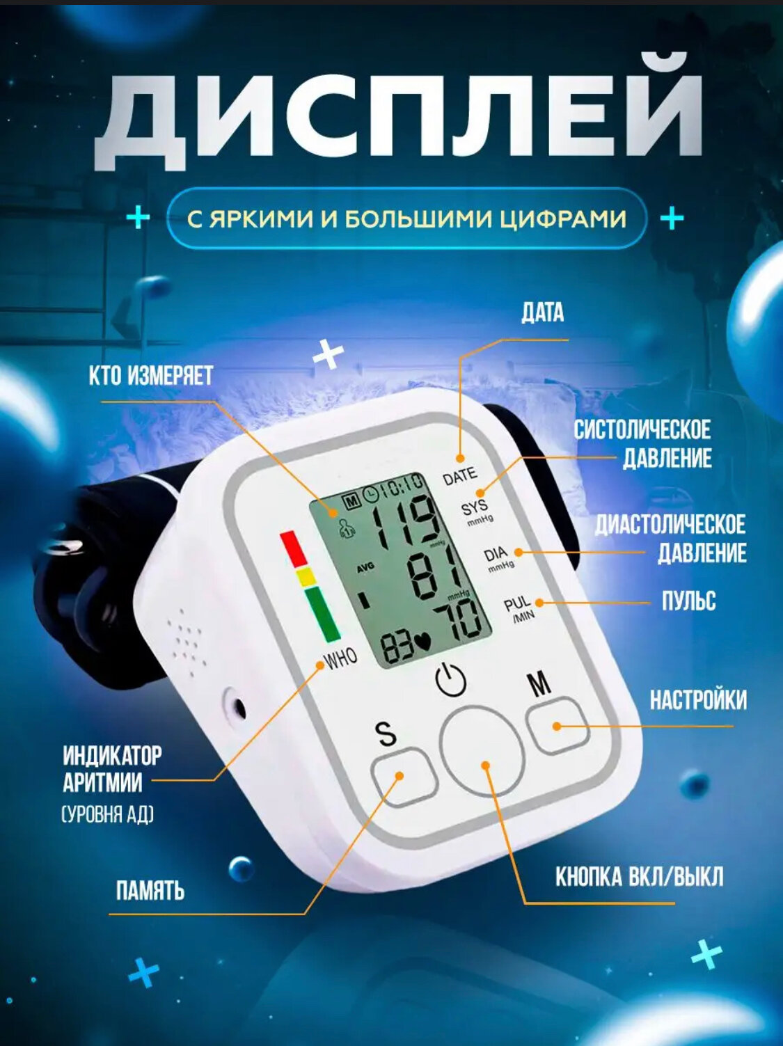 Тонометр автоматический на плечо говорящий с русской озвучкой для измерения давления, манжета 22-32см / набор батареек в комплекте +micro-usb кабель в комплекте / индикатор аритмии — фото 1