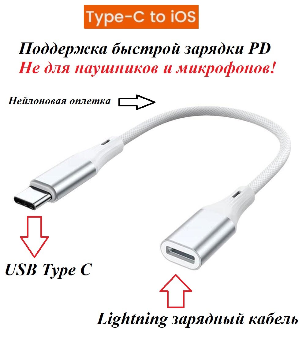 Переходник для зарядки iPhone 15 Lightning F (вход) - USB Type C M (выход) с кабелем и PD