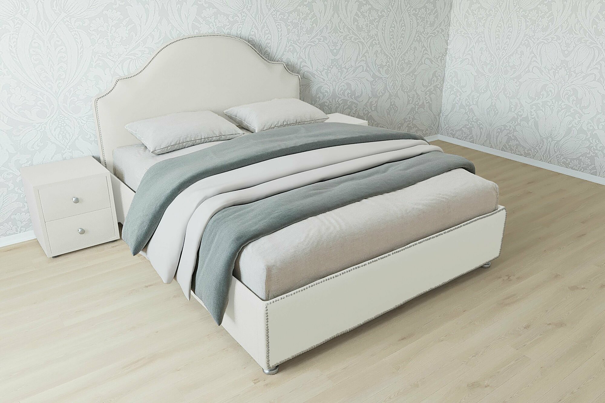 Двуспальная кровать Мария 160x200 с подъемным механизмом и с коробом для белья велюр белый ножки 5 см