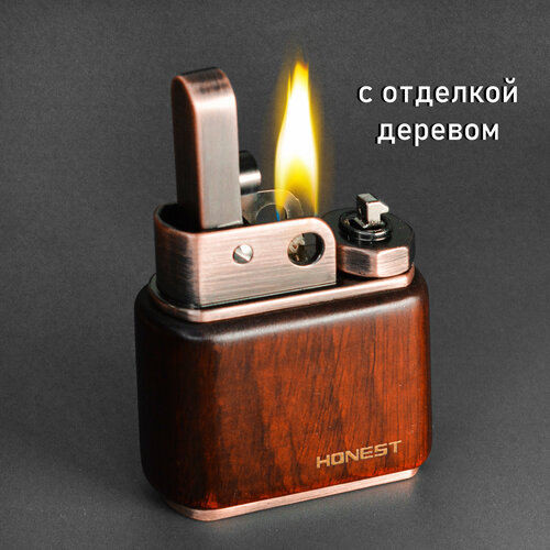Сверхдолгая автоматическая металлическая бензиновая зажигалка с отделкой из дерева + кремний 3шт. в наборе коричневый, размер 5х5х1.7 см