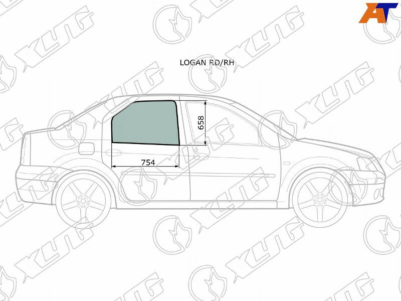 LOGAN RD/RH Стекло боковое опускное (Сзади/ Справа/ Цвет зеленый) Renault Logan 04- / Sandero 14- / Dacia Logan