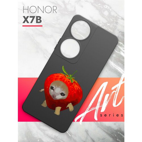 Чехол на Honor X7b (Хонор Х7б) черный матовый силиконовый с защитой (бортиком) вокруг камер, Brozo (принт) Котик в Клубнике чехол на honor x7b хонор х7б черный матовый силиконовый с защитой бортиком вокруг камер brozo принт россия флаг лента