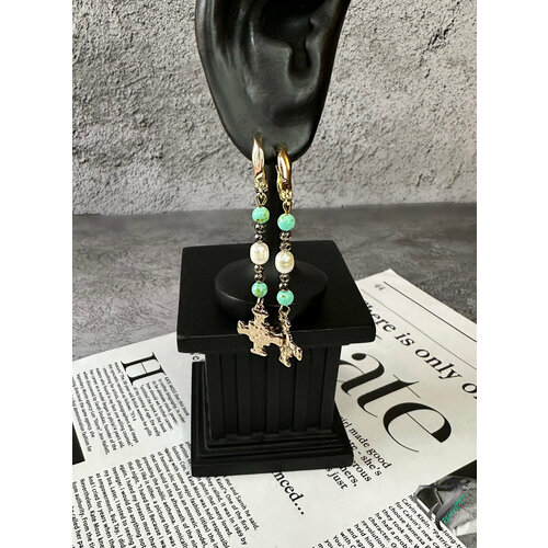 Серьги с подвесками RYKAMI серьги с крестиком с бирюзой, бирюза синтетическая, гематит, жемчуг пресноводный, золотой, бирюзовый