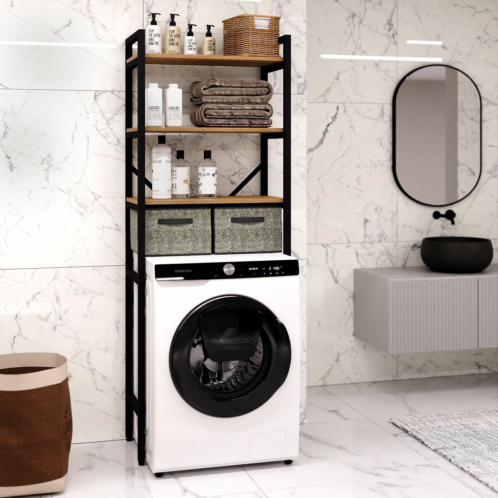 Стеллаж в ванную комнату для стиральной машинки ARIEL Лофт (63х34х165см) Черный Оникс
