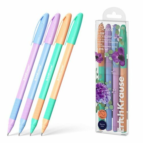 ErichKrause Набор ручек шариковых 4 шт, ErichKrause, U-109 Stick&Grip Pastel Bloom узел 1.0 мм цвет синяя