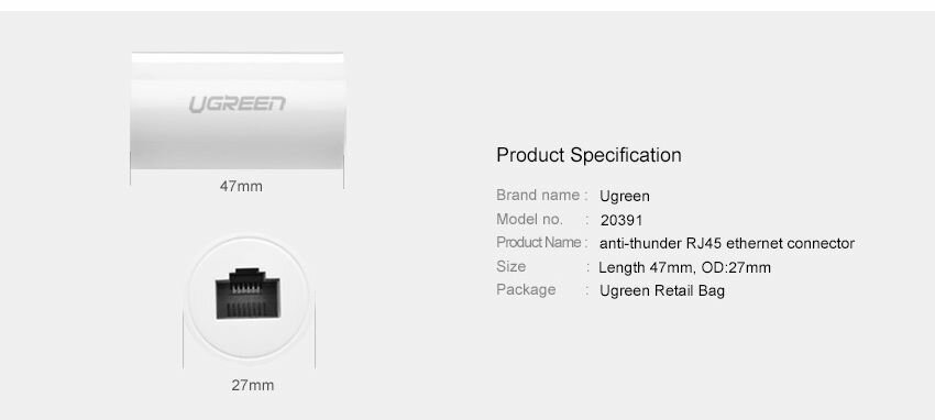Адаптер-удлинитель UGREEN 20391_ RJ45 Ethernet Connector. Цвет: белый - фото №10