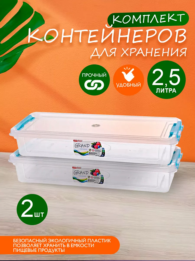 Контейнер для хранения пластиковый с крышкой 2,5 л 2 шт