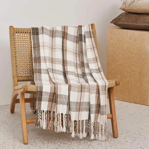 Изображение товара Плед, 130х170 см, с бахромой, шенилл, бежево-коричневый, Клетка, Hazel, Kuchenland