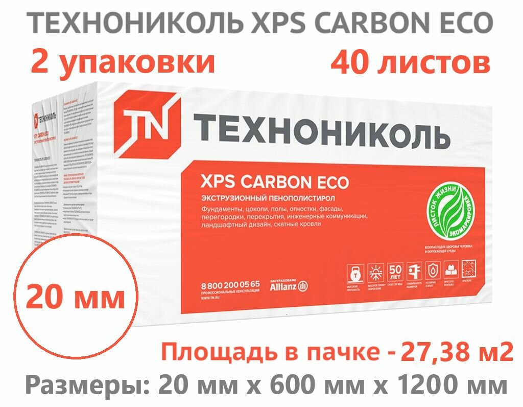Технониколь CARBON ECO 20 мм (40 листов, 2 упаковки) утеплитель экструзионный пенополистирол ХРS Карбон Эко Техноплекс