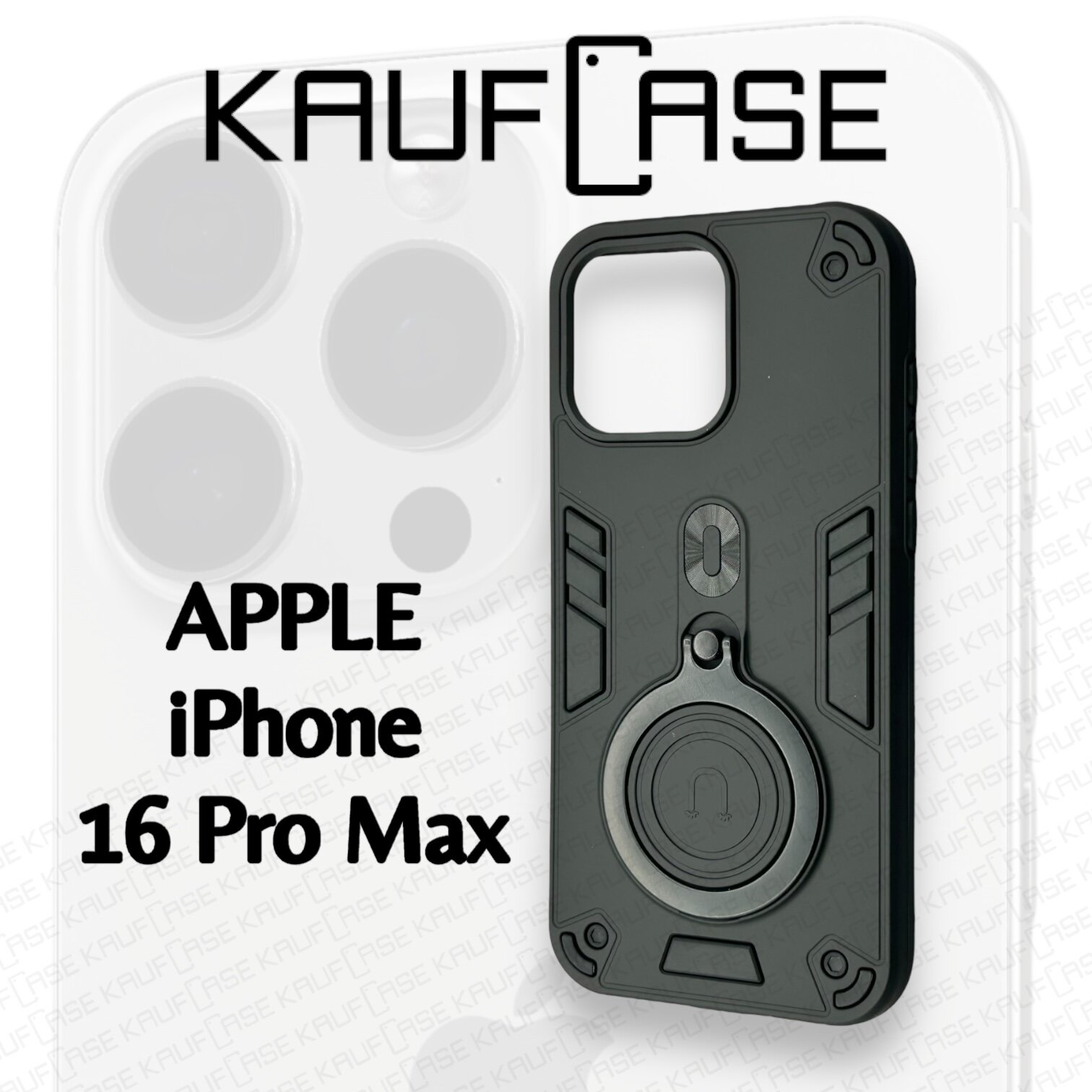 Противоударный чехол на Apple iPhone 16 Pro Max (6.9"), черный. Кольцо-держатель и магнитное крепление, яркие пластиковые защитные вставки