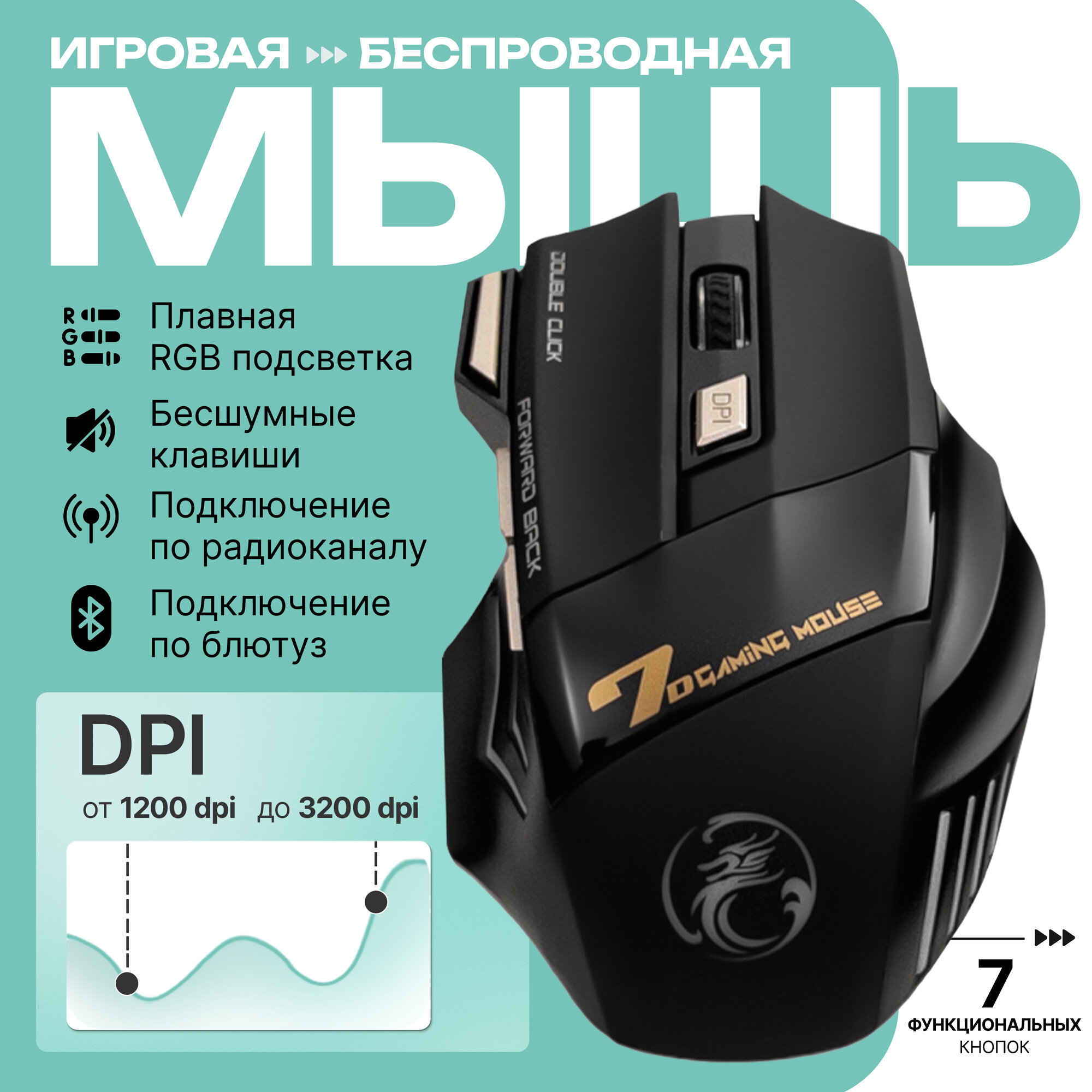 Игровая мышь IMICE GWX7 беспроводная с бесшумным кликом, RGB подсветка, Bluetooth