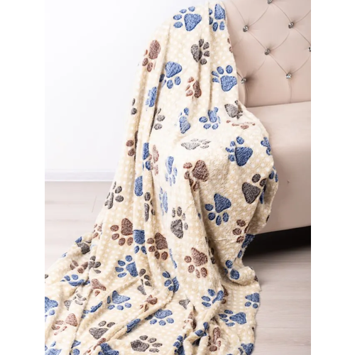 Плед бежевый«Лапки» 2-х спальный, 180х200, мягкий, пушистый, флисовый