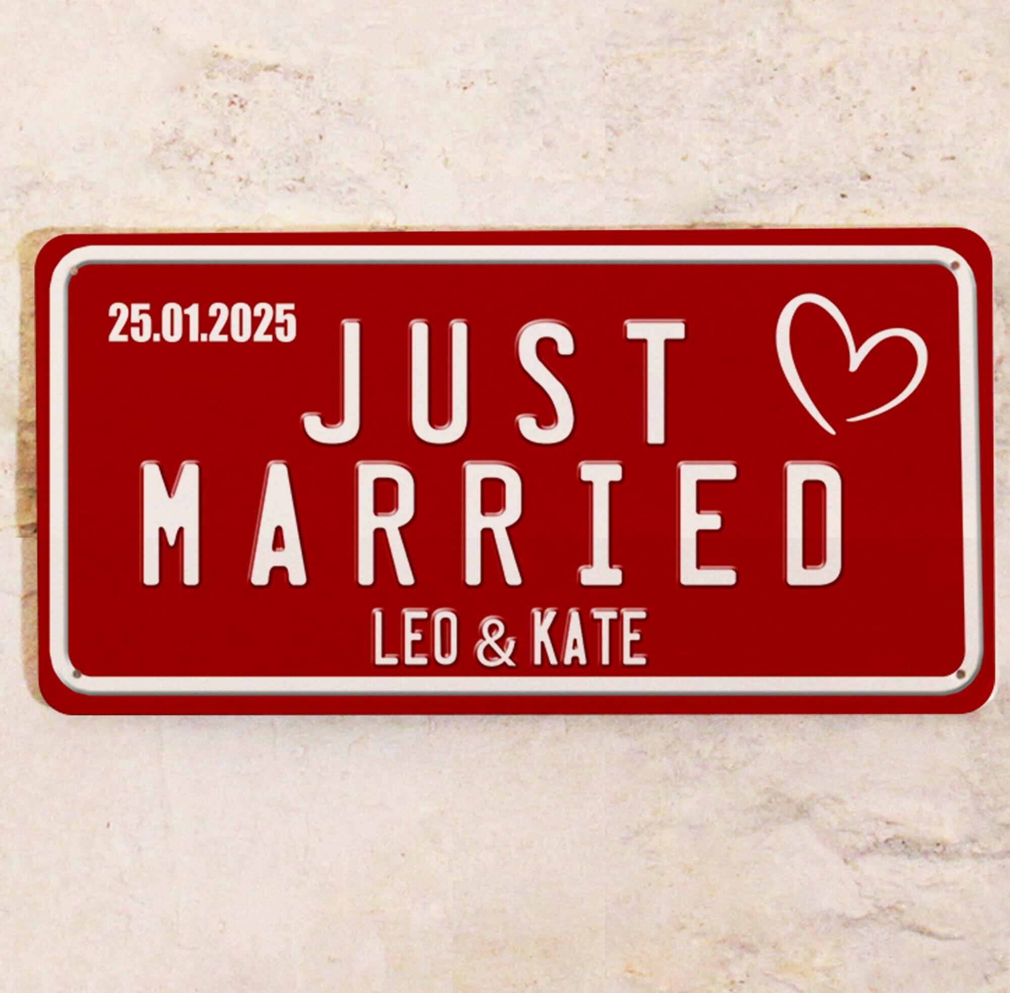 Номер на машину Just Married, с именами жениха и невесты и датой свадьбы, металл, 15х30 см.