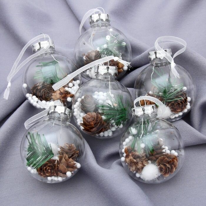 Елочные шары Зимнее волшебство "Льдинка", Шишки, прозрачные, пластик, диаметр 6 см, 6 шт