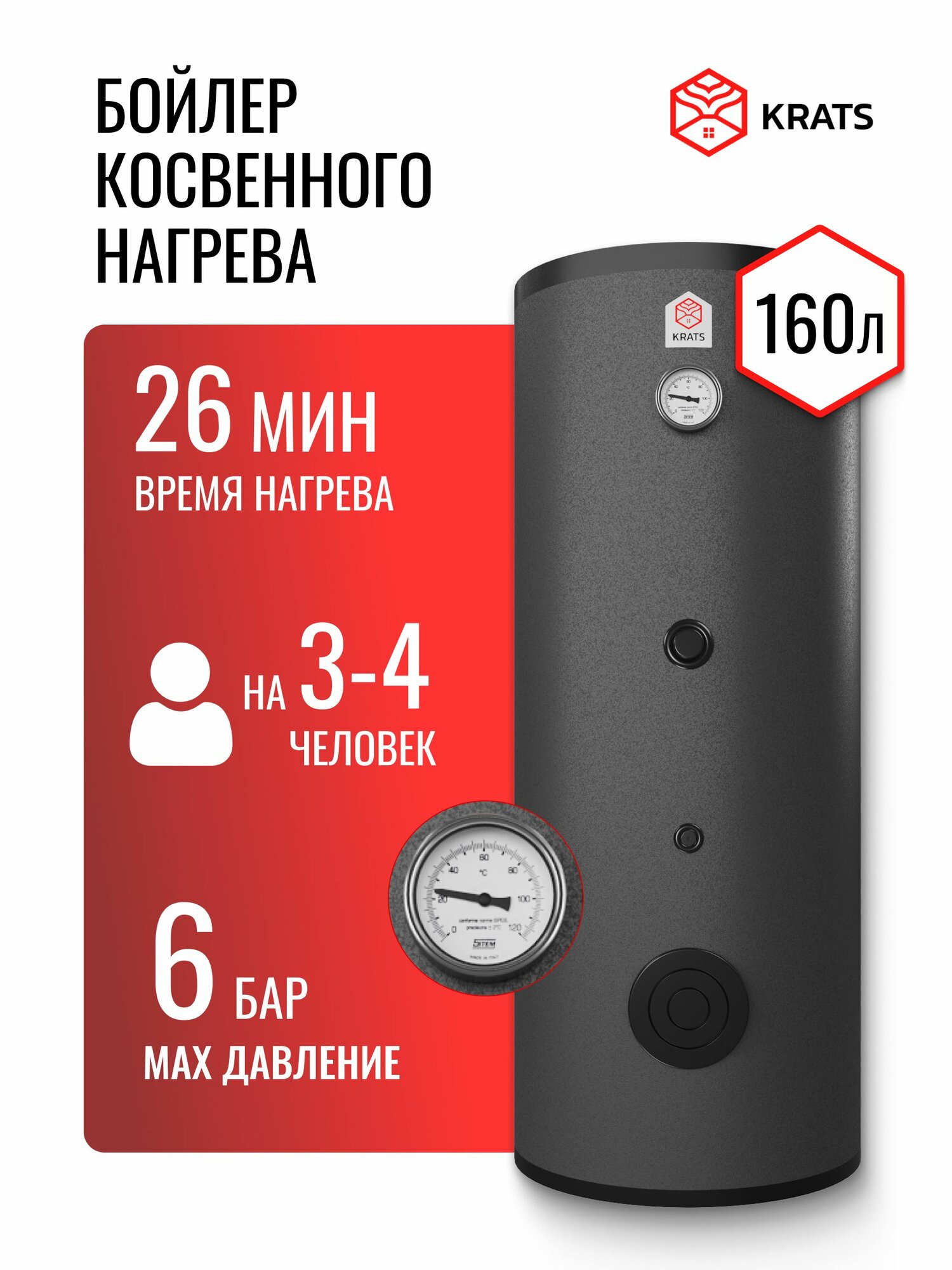 Бойлер косвенного нагрева KRATS 1BG - 160л 1 змеевик возможность подключения тэна