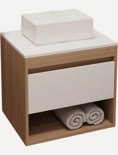 Изображение товара Тумба с раковиной Teymi Ritta 55 подвесная, 55 см, со столешницей, белая, светлое дерево, из МДФ, с ящиками, раковина для ванной, фарфоровая, прямоугольная