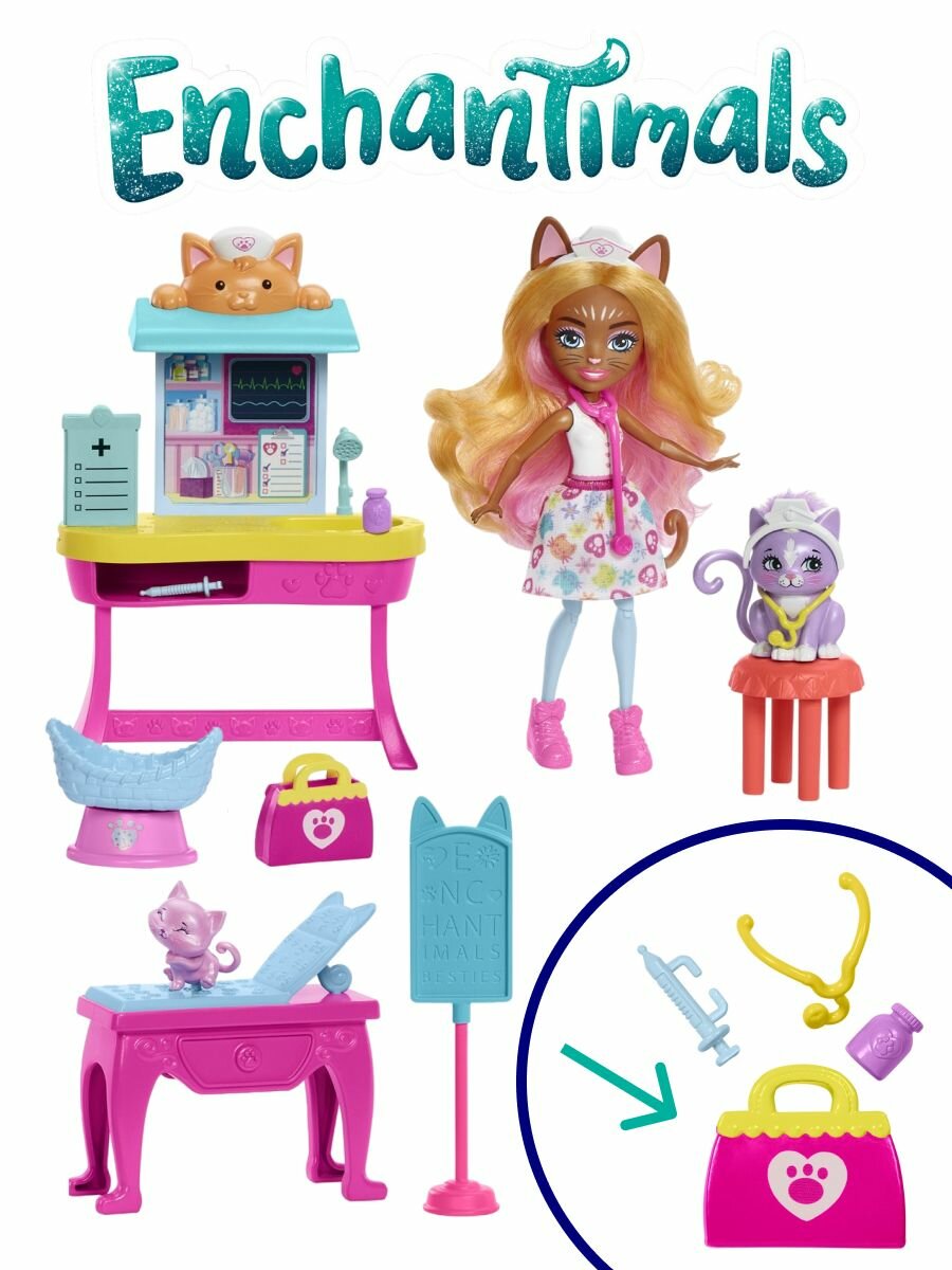 Кукла Enchantimals City Tails HLH22 медицинский кабинет кошечки Карлин с аксессуарами Энчантималс Mattel