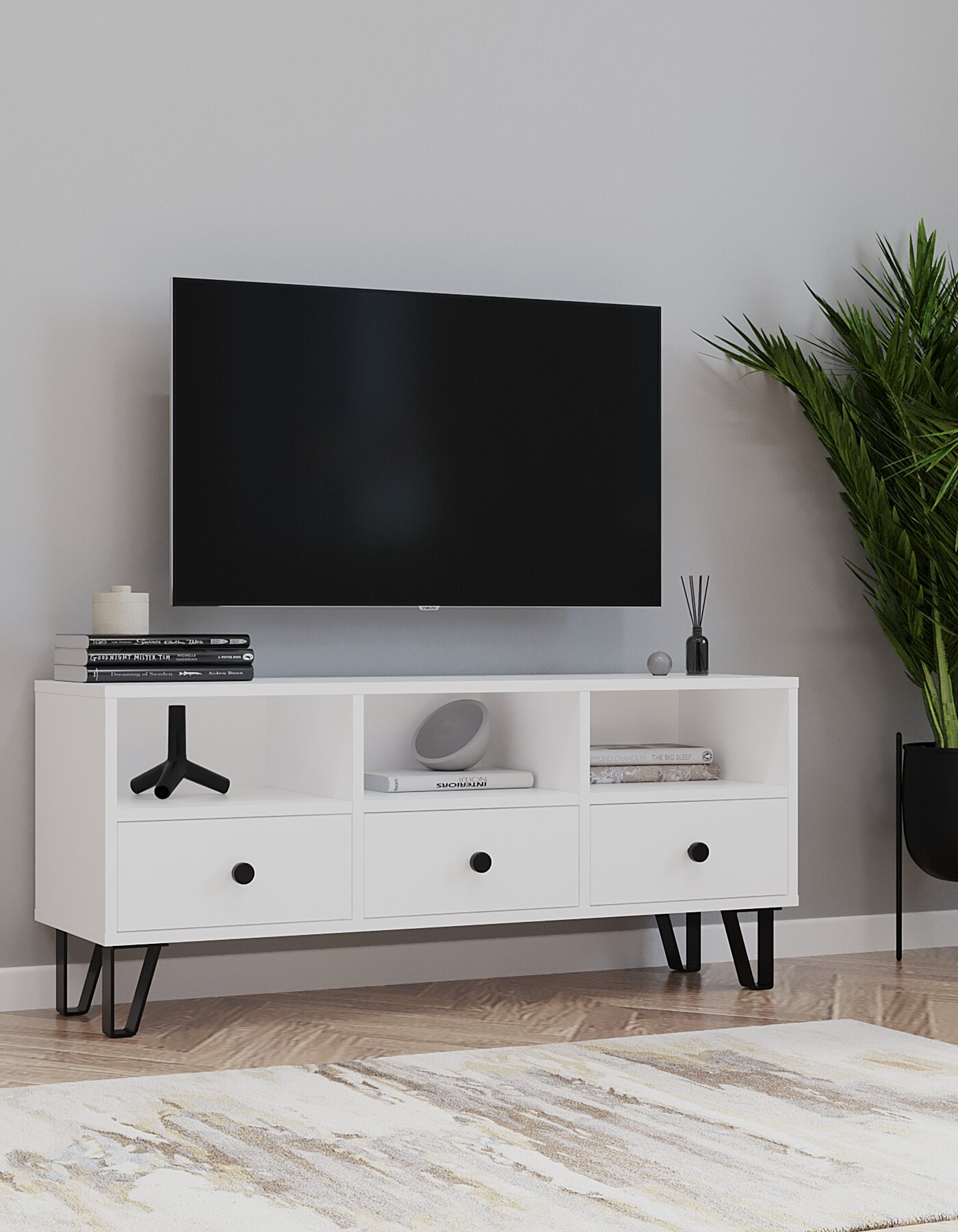 Тумба под телевизор напольная 110 см ЛДСП на ножках цвет белый гладкий