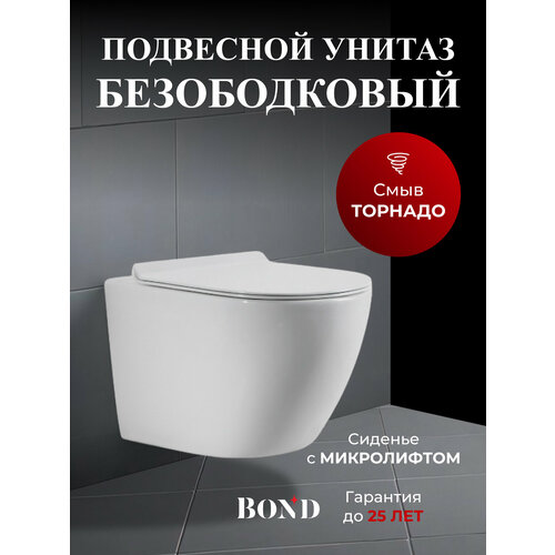 фото Унитаз подвесной торнадо безободковый белый с сиденьем микролифт bond oval f13-10