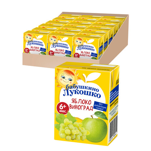 Сок осветленный Бабушкино Лукошко Яблоко-виноград (Tetra Pak), c 6 месяцев, 0.2 л, 18 шт. в уп., 18 уп. сок фрутоняня яблоко осветленный c 4 месяцев 0 2 л 0 2 кг 18 шт в уп 18 уп