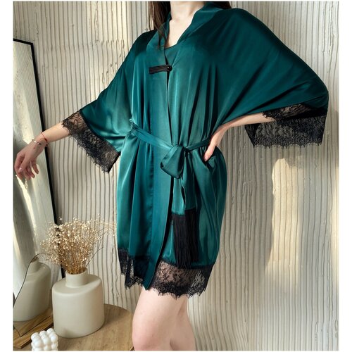 Халат Immortelle укороченный, укороченный рукав, пояс, размер 46-48, зеленый