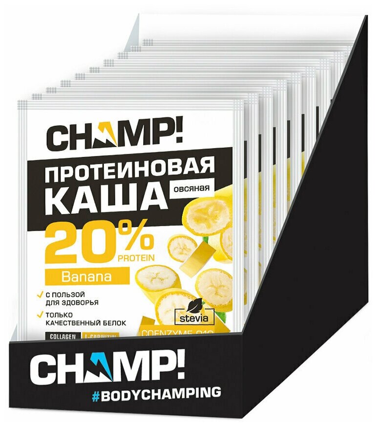 Каша протеиновая леовит Champ овсяная Банановая с коэнзимом Q10. Шоубокс 10 шт. по 40 г. Спортивное питание