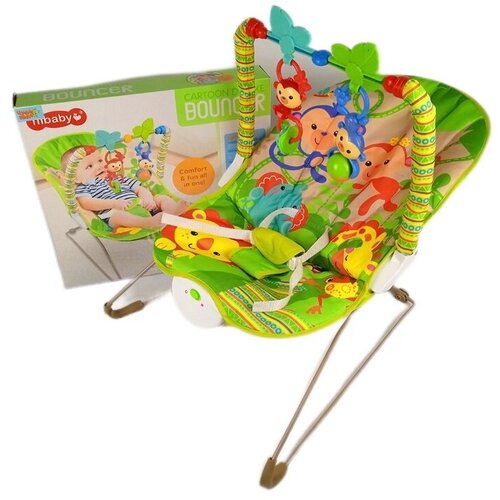 Шезлонг баунсер детский с вибрацией зеленый Тропический лес, для новорожденных от 0, дуга с игрушками, 68132