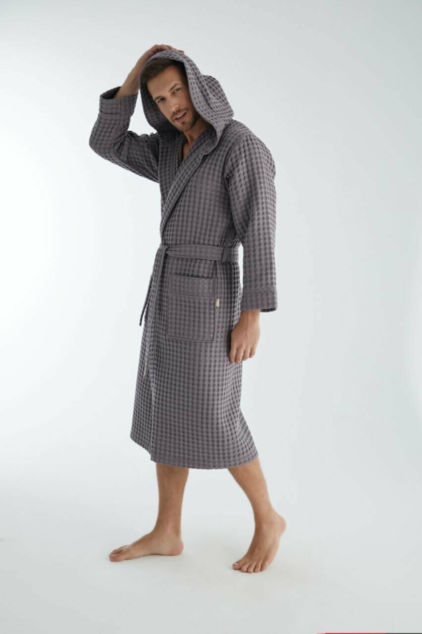 Вафельный мужской халат с капюшоном NUSA, серый М - фотография № 3