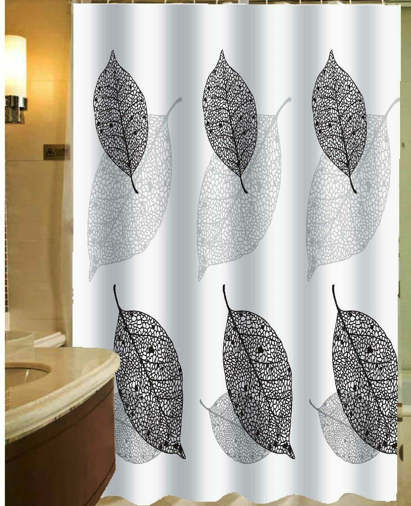Штора для ванной комнаты 170 х 190 листья черно-белые тканева