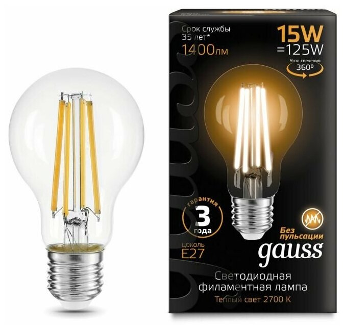 GAUSS Лампа Filament А60 15W 1400lm 2700К Е27 LED 1/10/40 102902115