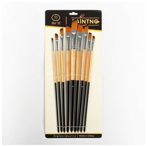 SUI Набор кистей нейлон, 9 штук, плоские, скошенные, с длинными ручками