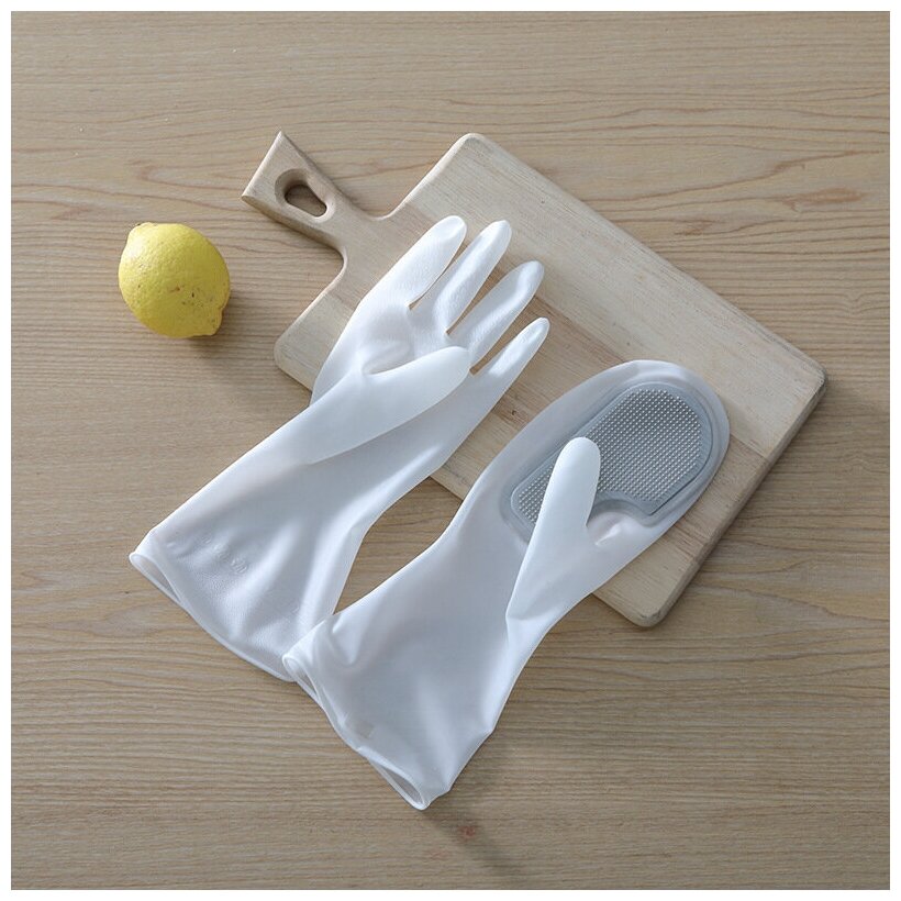 Многоразовые резиновые перчатки с щеткой для уборки и чистки, серый - фотография № 1