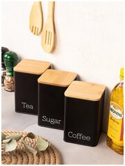 Набор 3 банок для хранения сыпучих продуктов / кофе / чая / сахара 1,1 л "Tea, coffee, sugar" , металл, черный с бамбук. крыш