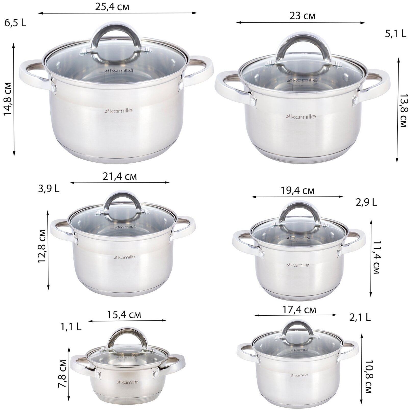Набор кастрюль 12 предметов Kamille KM-5638S из нержавеющей стали (5638S / серебристый)