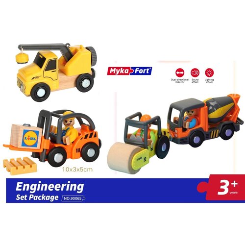 Деревянная железная дорога: поездной состав, спецтехника, погрузчик, автокран, каток и бетономешалка, комплект для поездов и электропоездов