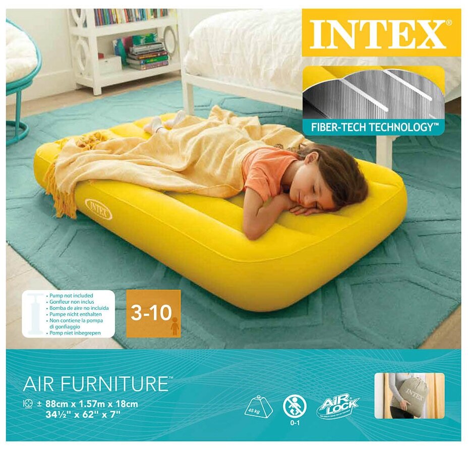 Кровать надувная детская INTEX 66803 COZY KIDZ, флок, цвет желтый, 157х88x18 см - фотография № 2