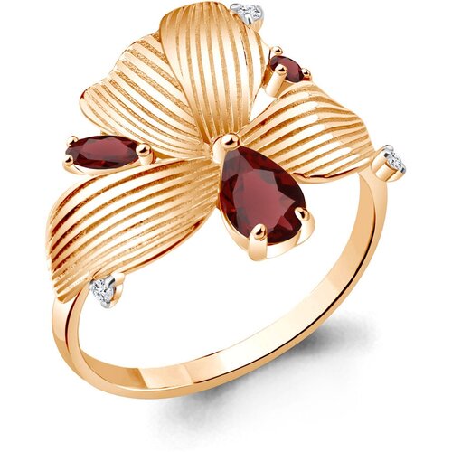 фото Кольцо diamant online, серебро, 925 проба, золочение, гранат, фианит, размер 18.5, красный