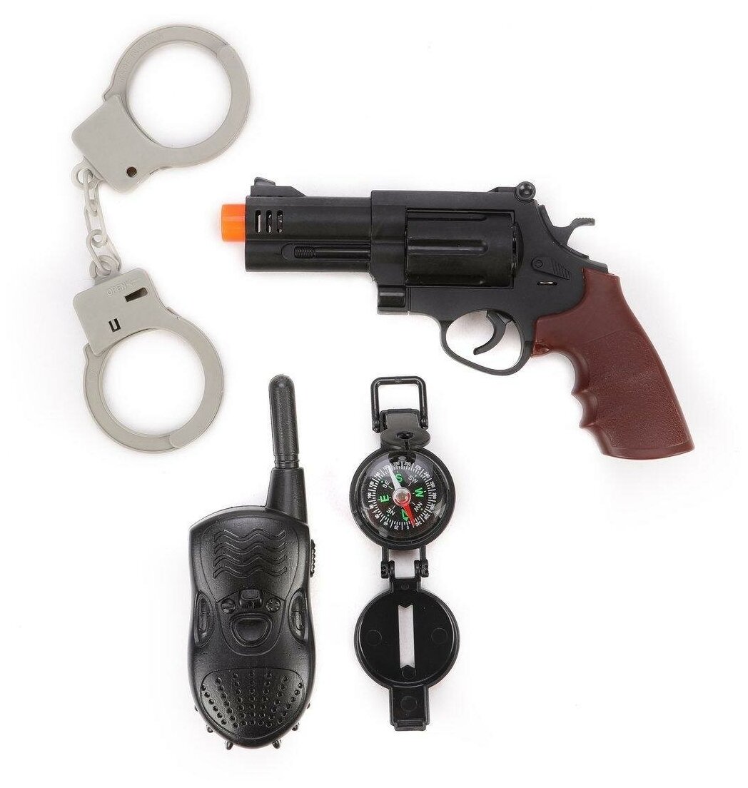 Набор полицейского Наша Игрушка револьвер на батарейках, свет, звук, наручники, рация, компас (M0180)