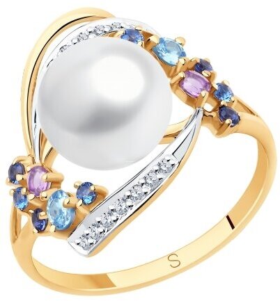 Кольцо Diamant online, золото, 585 проба, топаз, аметист, жемчуг, фианит, размер 16.5